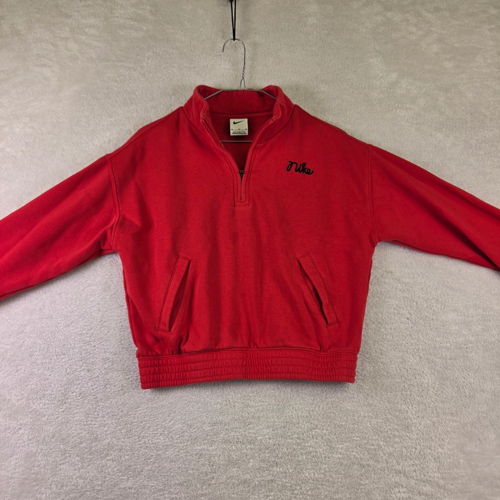 Nike Womens Red Quarter Zip Sweatshirt Script Logo Mock Neck Pullover Medium